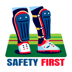 Flat sticker design of legs wearing protective gear with the text safety first