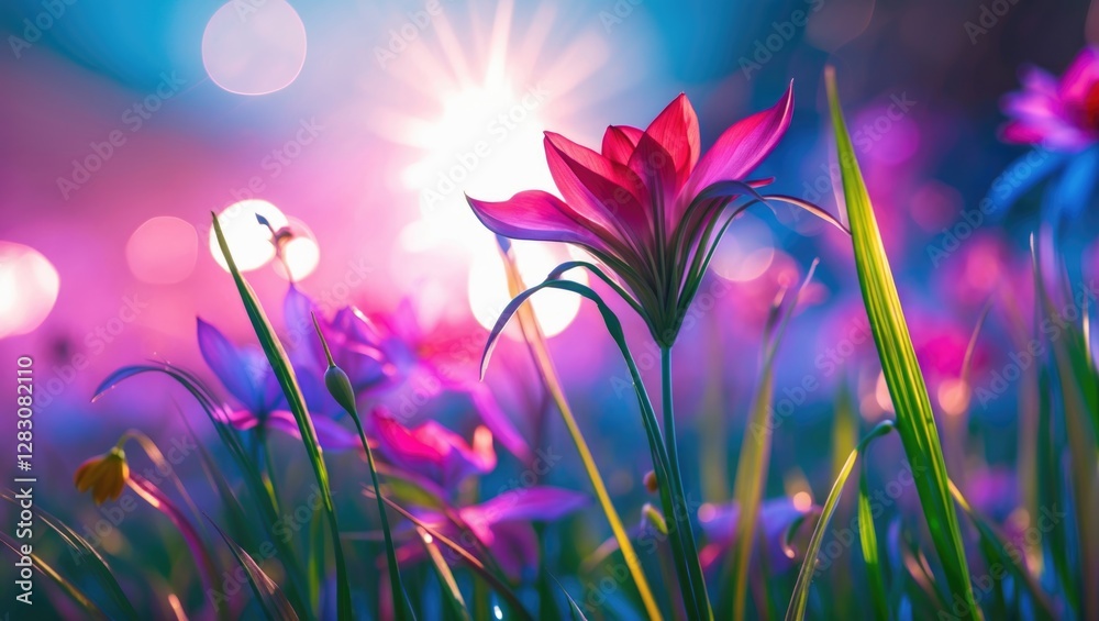 Poster vibrant close-up of colorful flowers against a dreamy blurred background with soft light reflections