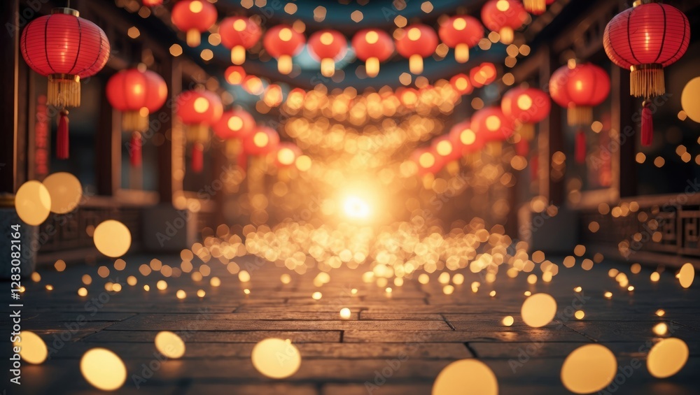 Aufkleber festive chinese new year ambiance with vibrant red lanterns and golden bokeh lights creating a magic
