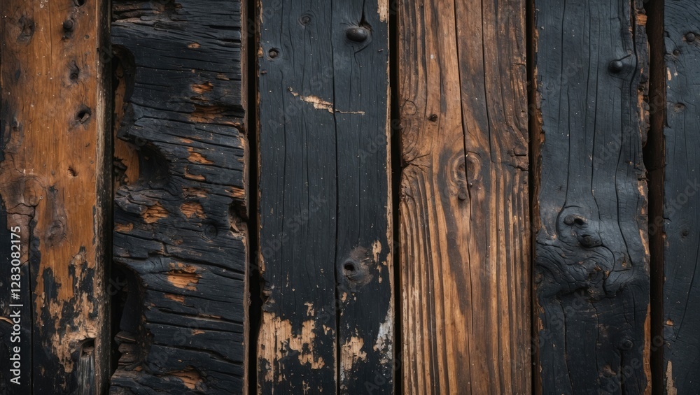 Poster closeup of aged black and brown wooden planks showcasing texture and weathered details suitable for 