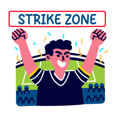 Excited character with strike zone typography, flat sticker
