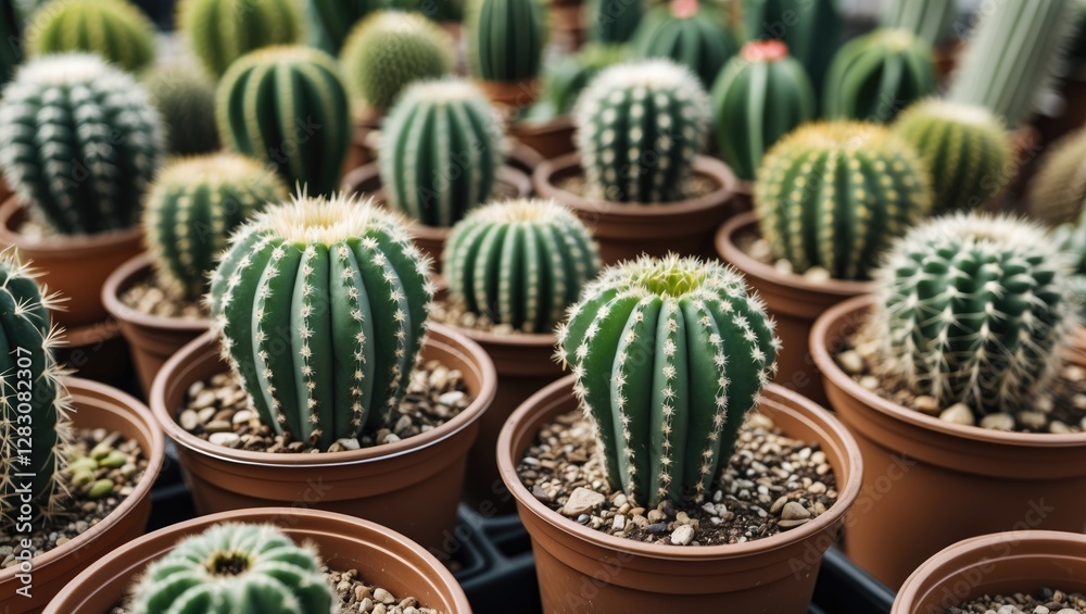 Poster close-up view of vibrant green cacti in brown pots with space for text in lush indoor garden setting