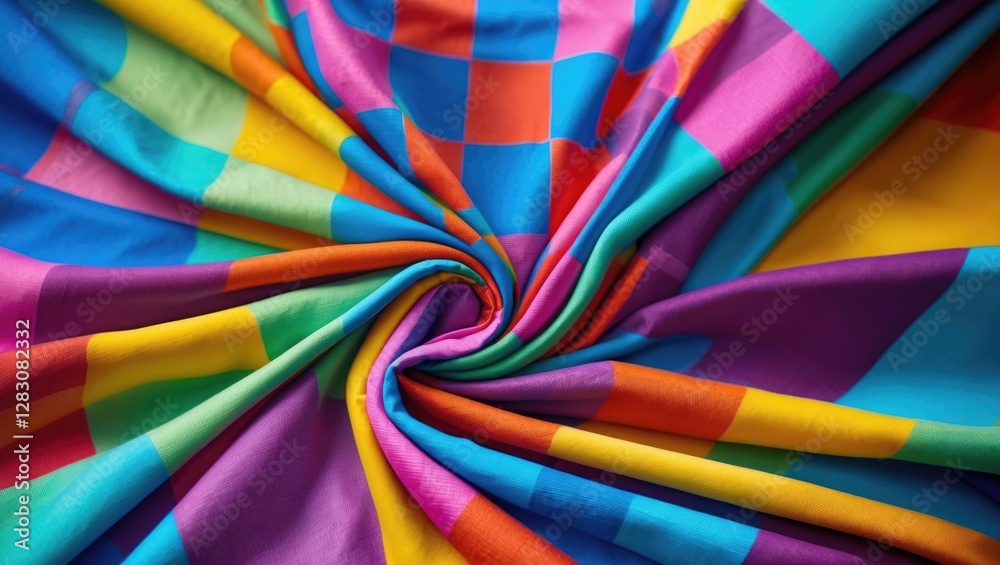 Aufkleber Vibrant checkered fabric background with colorful squares creating a lively and dynamic textile design for various creative projects.