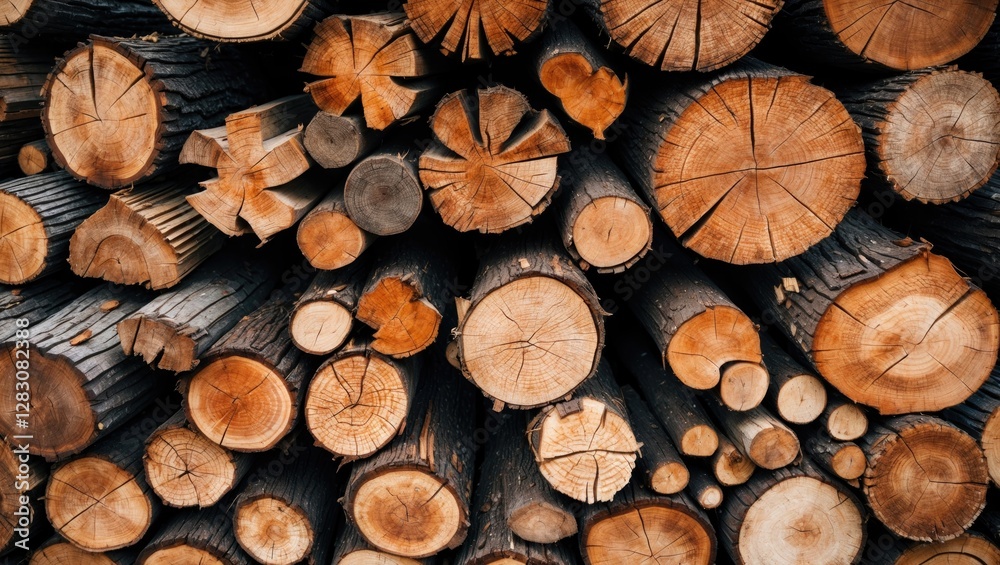 Poster cut wood logs stacked together showing texture and natural patterns, ideal for backgrounds and natur