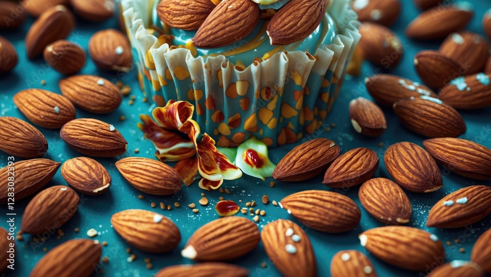 Poster baked almonds scattered on a vibrant blue surface with decorative elements showcasing a delicious an
