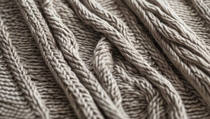 Close-up of textured gray knitted fabric with intricate patterns and woven designs displaying fine craftsmanship and softness.