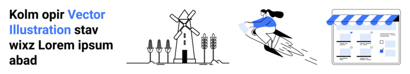Windmill amid trees, woman riding rocket, online storefront illustration. Ideal for business, innovation, technology, online shopping, green energy e-commerce creative projects. Landing page