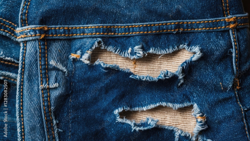 Poster close up texture of ripped and distressed denim jeans showcasing intricate details of fabric and sti
