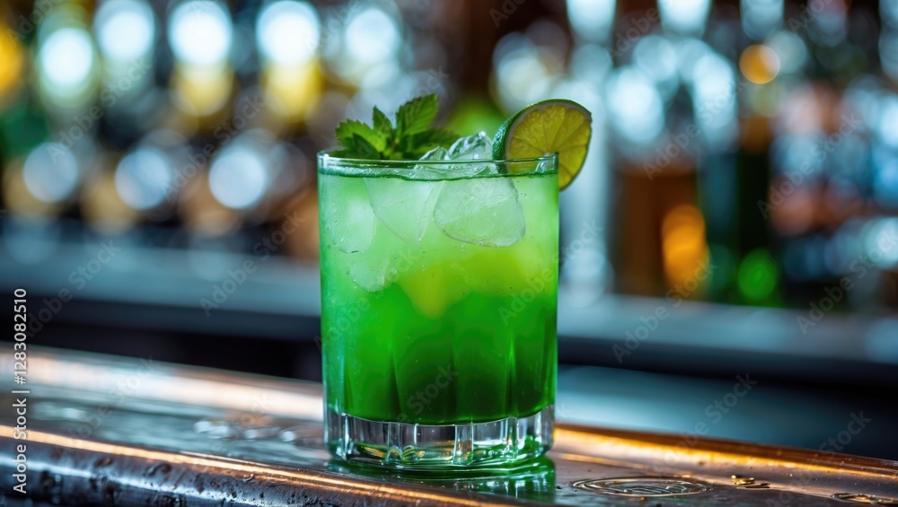 Poster Refreshing Green Cocktail with Mint and Lime Garnish on Bar Counter with Blurred Background of Bottles and Glasses