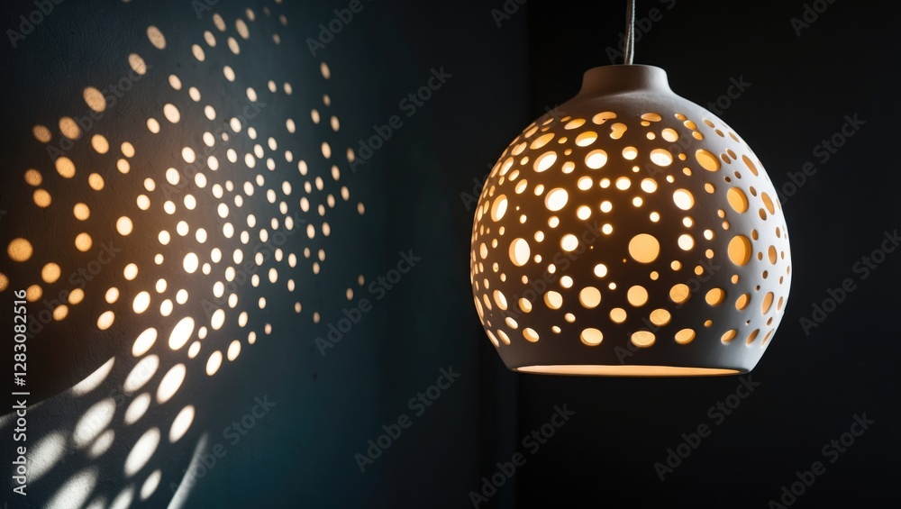 Aufkleber Ceramic hanging lamp casting intricate spotty light and shadow patterns against a dark wall creating a warm and inviting atmosphere.