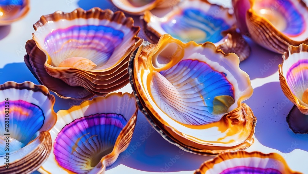 Aufkleber Colorful clam shells beautifully displayed against a bright background showcasing intricate patterns and textures in natural seashells.