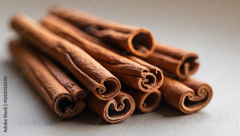 Poster close up of aromatic cinnamon sticks arranged artistically on a soft background highlighting their r