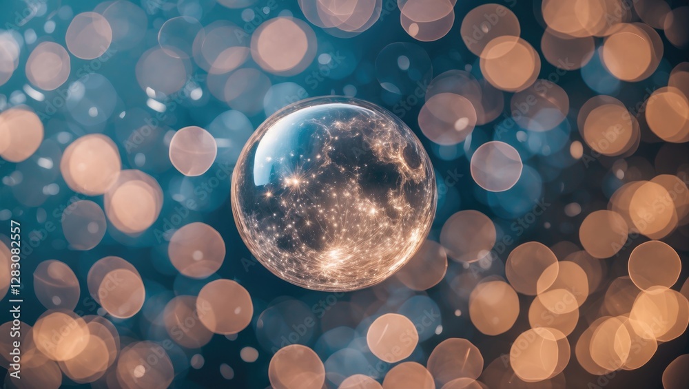 Aufkleber Sparkling bubble surrounded by soft bokeh lights in blue and gold creating a dreamy, ethereal atmosphere perfect for backgrounds and textures.