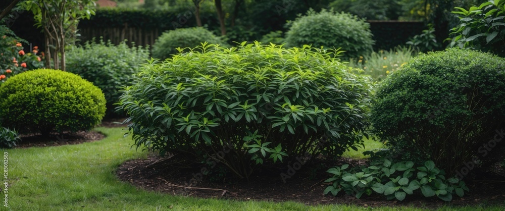 Poster Lush Green Bushes in a Beautiful Garden Landscape with Ample Empty Space for Text and Creative Design Elements.