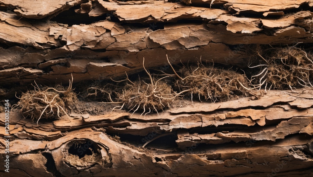 Poster close-up of aged tree bark texture featuring natural termite nests with intricate details showcasing
