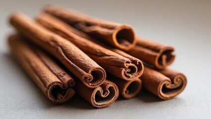 Close up of aromatic cinnamon sticks arranged artistically on a soft background highlighting their rich texture and natural beauty