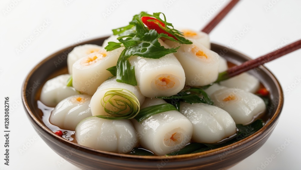 Poster delicious platter of choy sum dumplings garnished with herbs and chili served in a bowl with chopsti