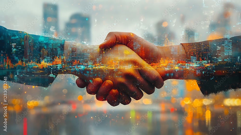 Fototapete A strategic investment deal represented in double exposure, intertwining a handshake with a vibrant financial landscape, dynamic stock analytics flowing, holographic trade interfaces,