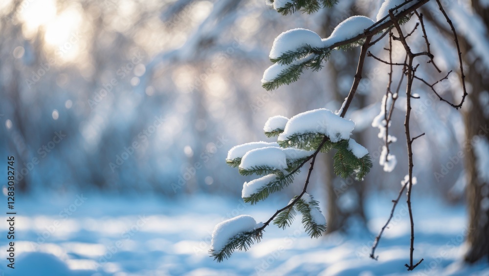 Aufkleber Snow-covered tree branches with blurred winter landscape background creating a serene and tranquil atmosphere in a snowy setting.