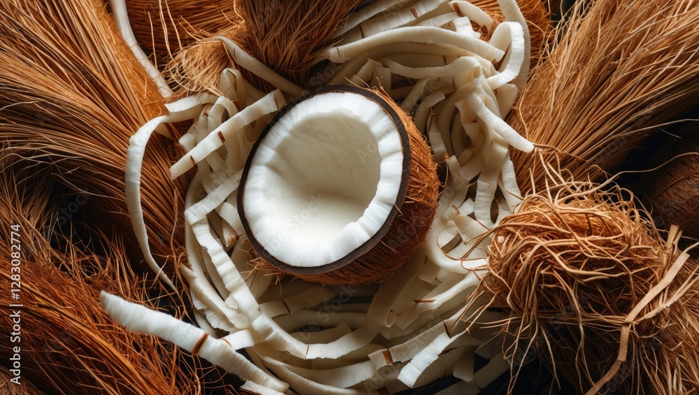 Poster coconut fiber texture and interior detail with fresh coconut shell and shredded fibers on a dark bac