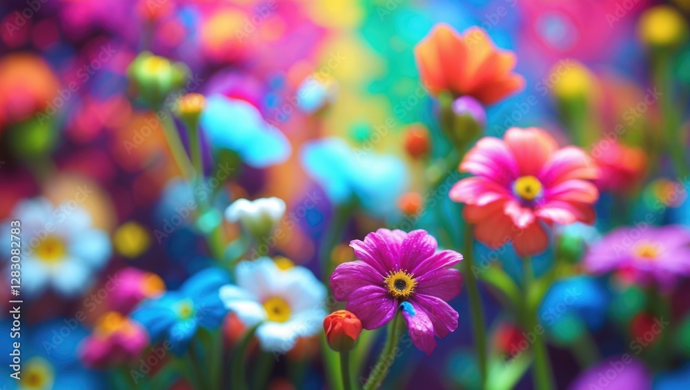 Aufkleber Vibrant floral bokeh background with colorful flowers creating a dreamy and artistic effect in soft focus for creative design projects.