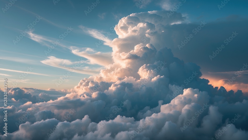 Aufkleber Majestic cumulus clouds illuminated by soft sunlight against a serene blue sky creating a captivating atmospheric view.