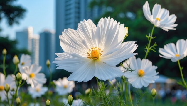 Close up of a blooming white cosmos flower with yellow center in a vibrant park setting with city buildings in the background.