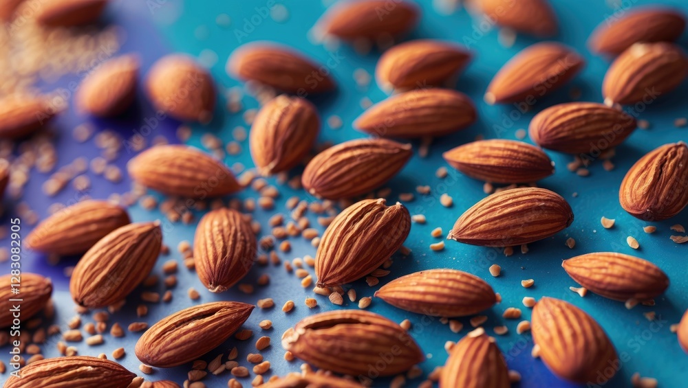 Aufkleber Close-up shot of almonds scattered on a vibrant surface showcasing texture and details with a shallow depth of field for a food composition.