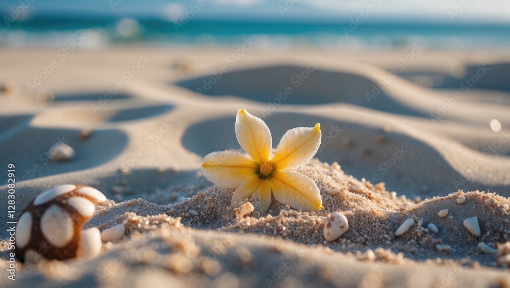Poster Close up of delicate yellow flower on sandy beach with seashells and gentle waves in the background creating a serene coastal atmosphere.