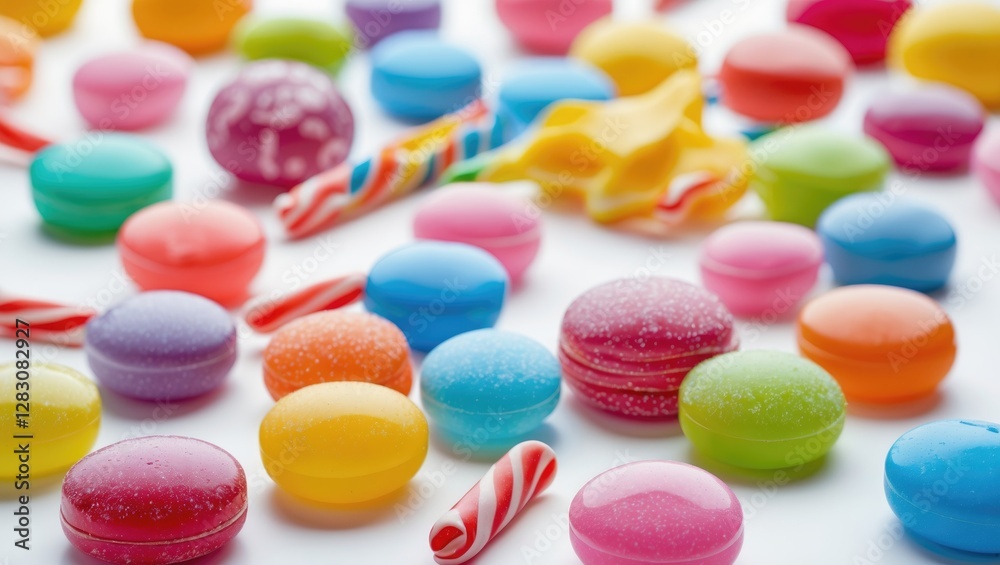 Aufkleber vibrant assortment of assorted candies on a white background featuring gummies lollipops and macaron