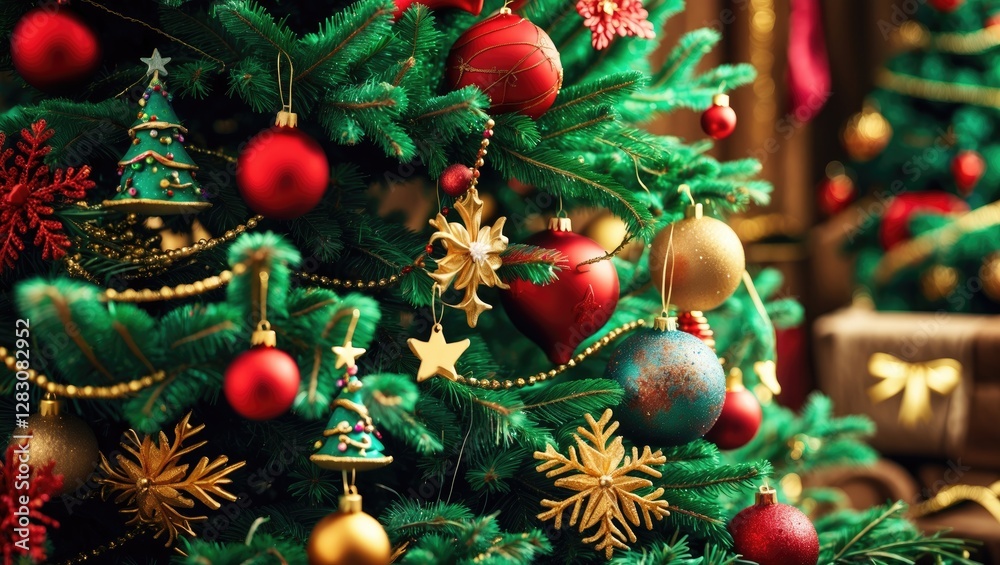 Poster festively decorated christmas fir tree adorned with ornaments and lights creating a warm holiday atm