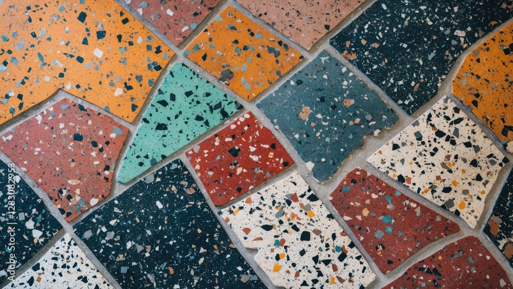 Poster colorful terrazzo floor texture showcasing a vibrant abstract pattern of hues and speckles perfect f
