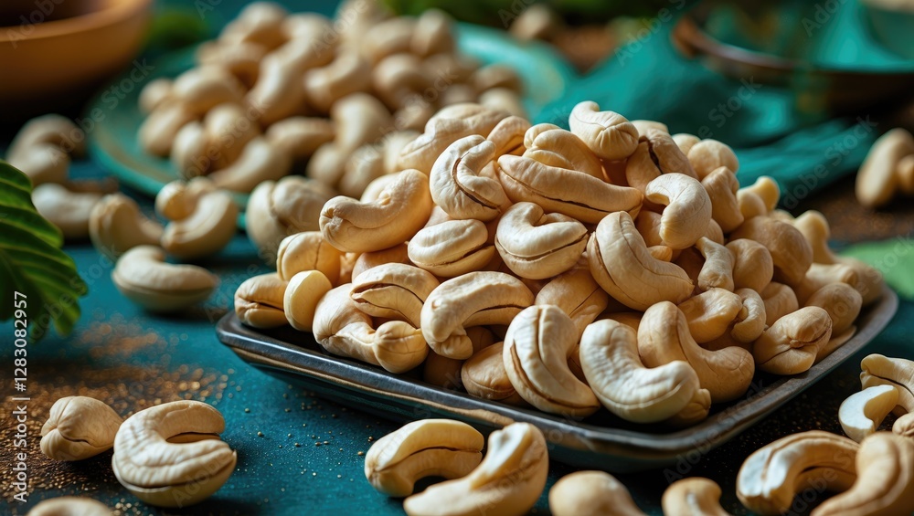 Poster close up view of raw cashews arranged on a dark plate with scattered nuts and green leaves in a vibr