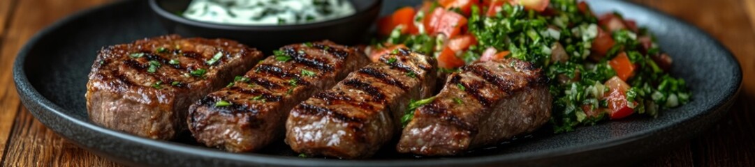 Sizzling Grilled Meat with Salad and Creamy Sauce. Generative AI