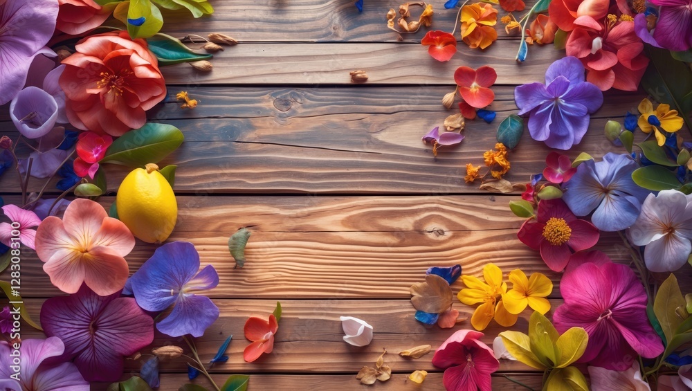 Poster colorful floral arrangement on a rustic wooden surface creating a vibrant background with ample spac