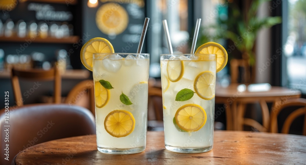 Aufkleber refreshing lemonade drinks with fresh lemon slices and mint in stylish cafe setting ideal for summer