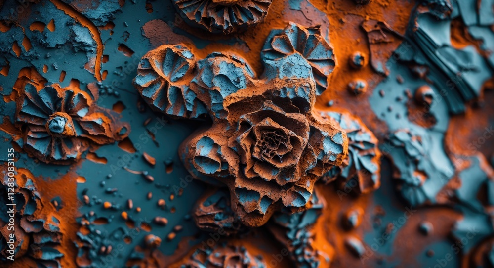 Poster Intricate close-up of rust patterns showcasing vibrant orange and teal hues on a textured surface resembling floral shapes and design.