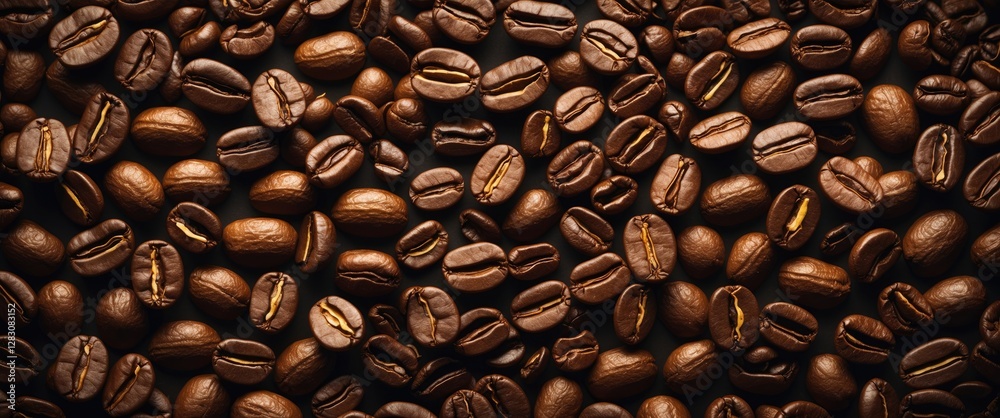 Poster rich and detailed texture of roasted coffee beans spread across a dark background perfect for culina