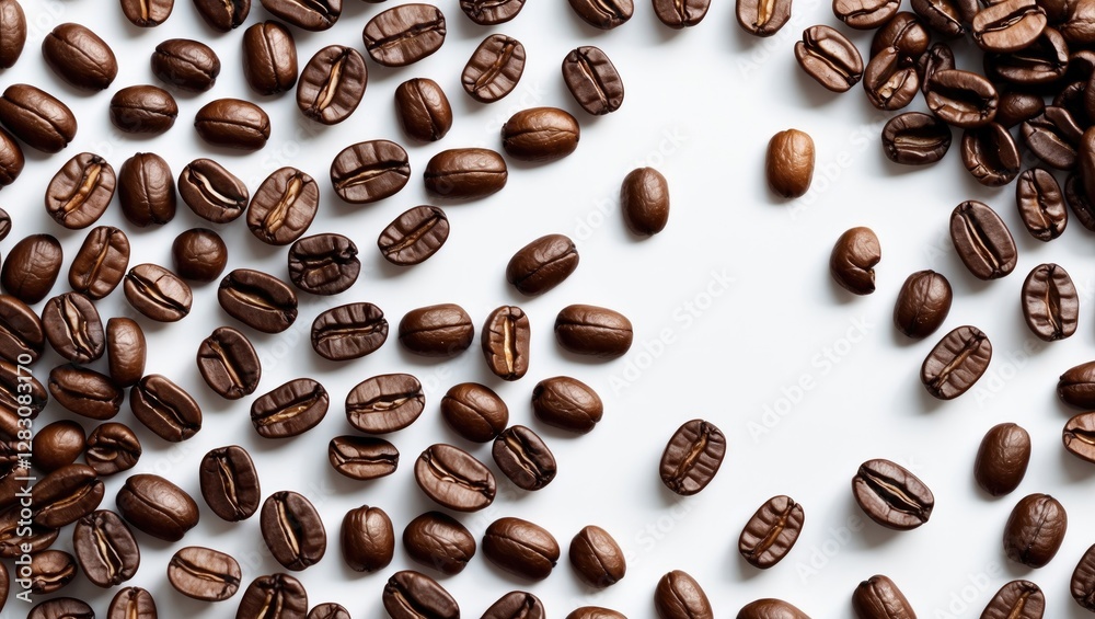 Poster coffee beans scattered on white background with ample copyspace ideal for advertising coffee-related