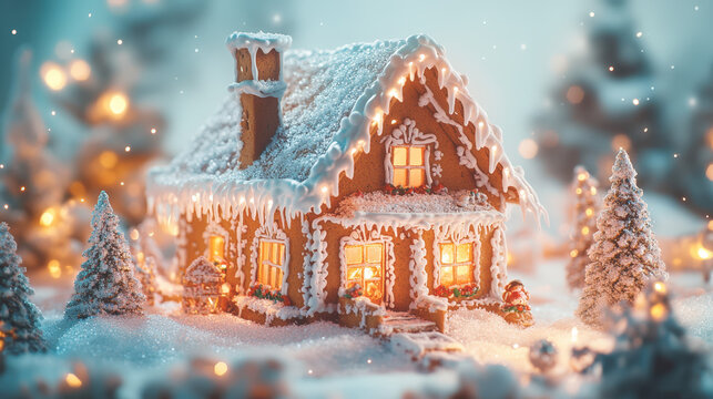 A small house made of chocolate cookies in the woods on a snowy day