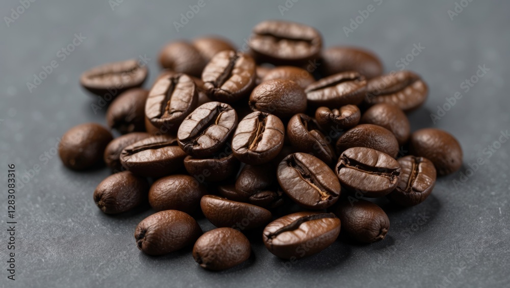 Aufkleber close up of dark roasted coffee beans arranged on a textured gray background showcasing their rich c