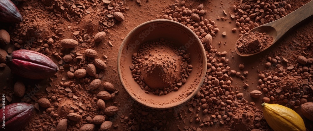 Poster Rich Cocoa Powder with Complete Ingredients in a Rustic Setting Ideal for Chocolate Recipes and Culinary Backgrounds