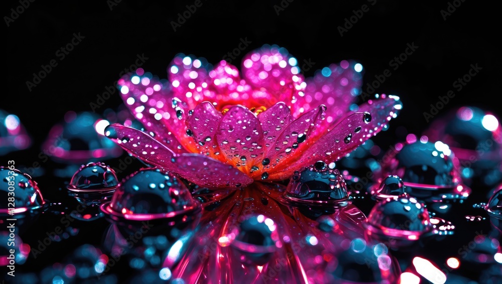 Poster dew-covered pink flower with vibrant reflections and water droplets against a sleek black background