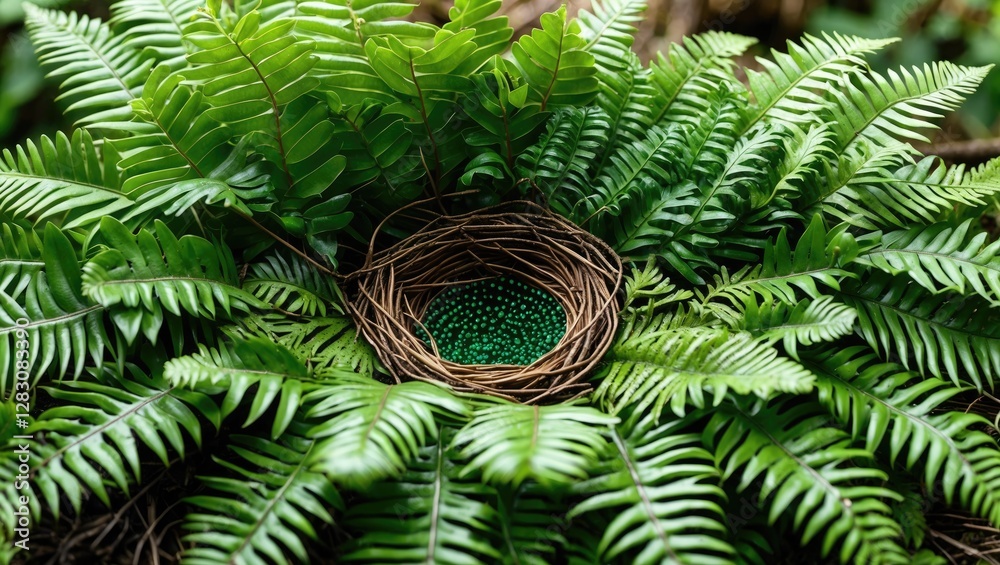 Poster lush birds nest fern with a natural nest featuring green eggs surrounded by vibrant greenery in a se