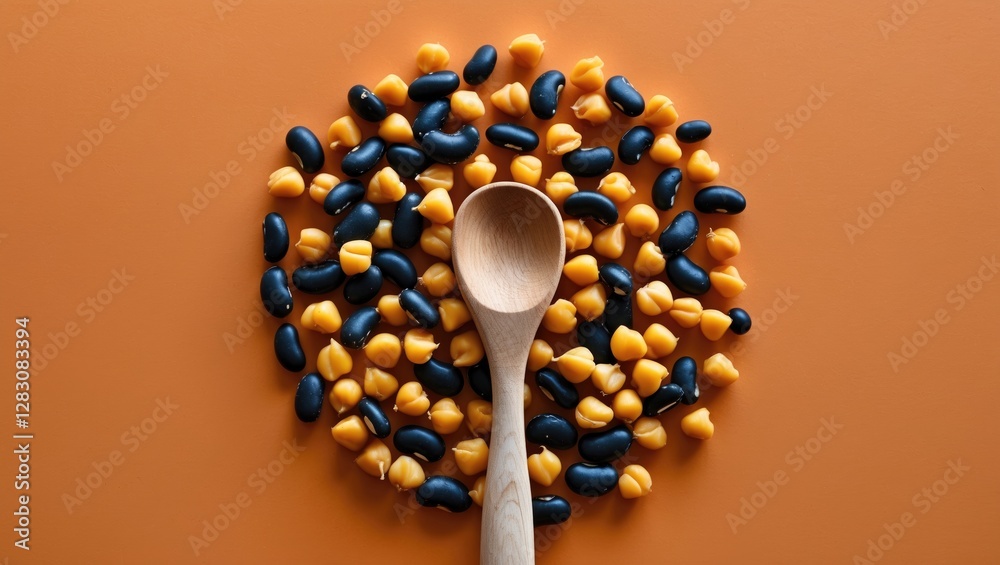 Poster chickpeas and black beans arranged in a circular pattern with a wooden spoon on vibrant orange backg