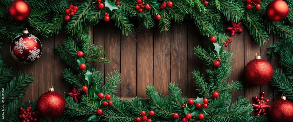 Poster christmas evergreen branches with red ornaments and berries creating a festive frame on a rustic woo