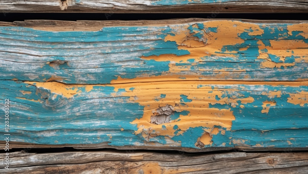 Poster weathered wooden planks with peeling turquoise and orange paint showcasing texture and rustic charm 