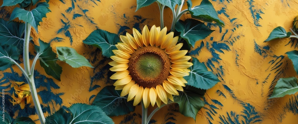 Poster vibrant close-up of sunflower surrounded by green leaves on a textured yellow background with space 