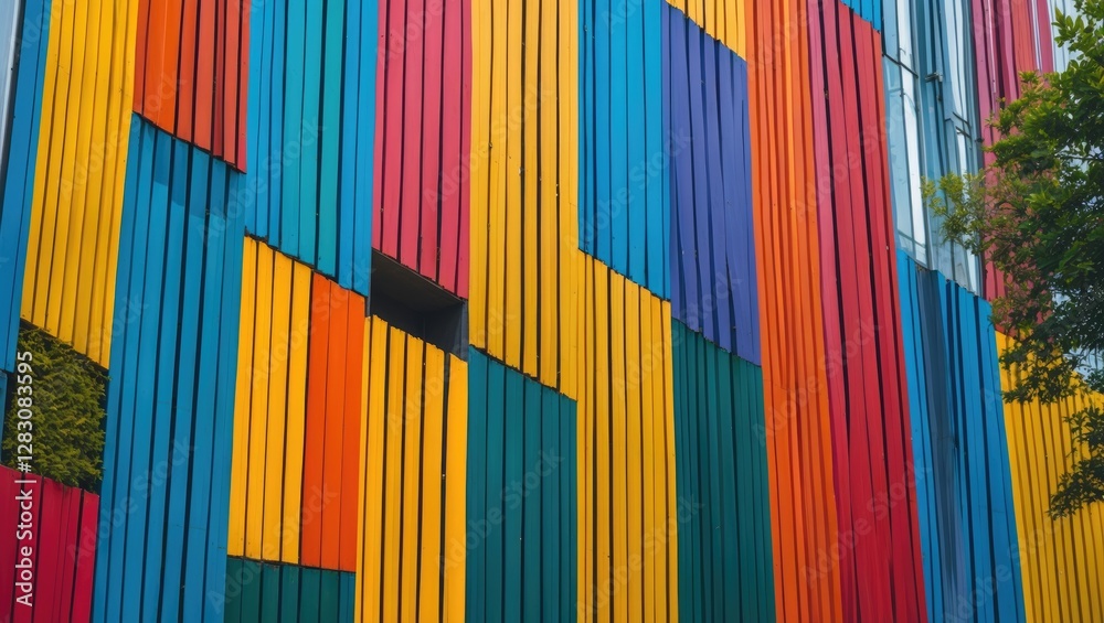 Aufkleber Vibrant multicolored vertical facade of a modern building featuring dynamic panel design and greenery accents for contemporary architecture.