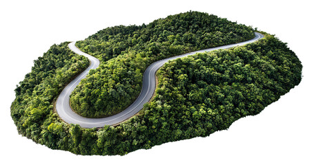 Scenic curved road surrounded by vibrant foliage, isolated on transparent cutout background